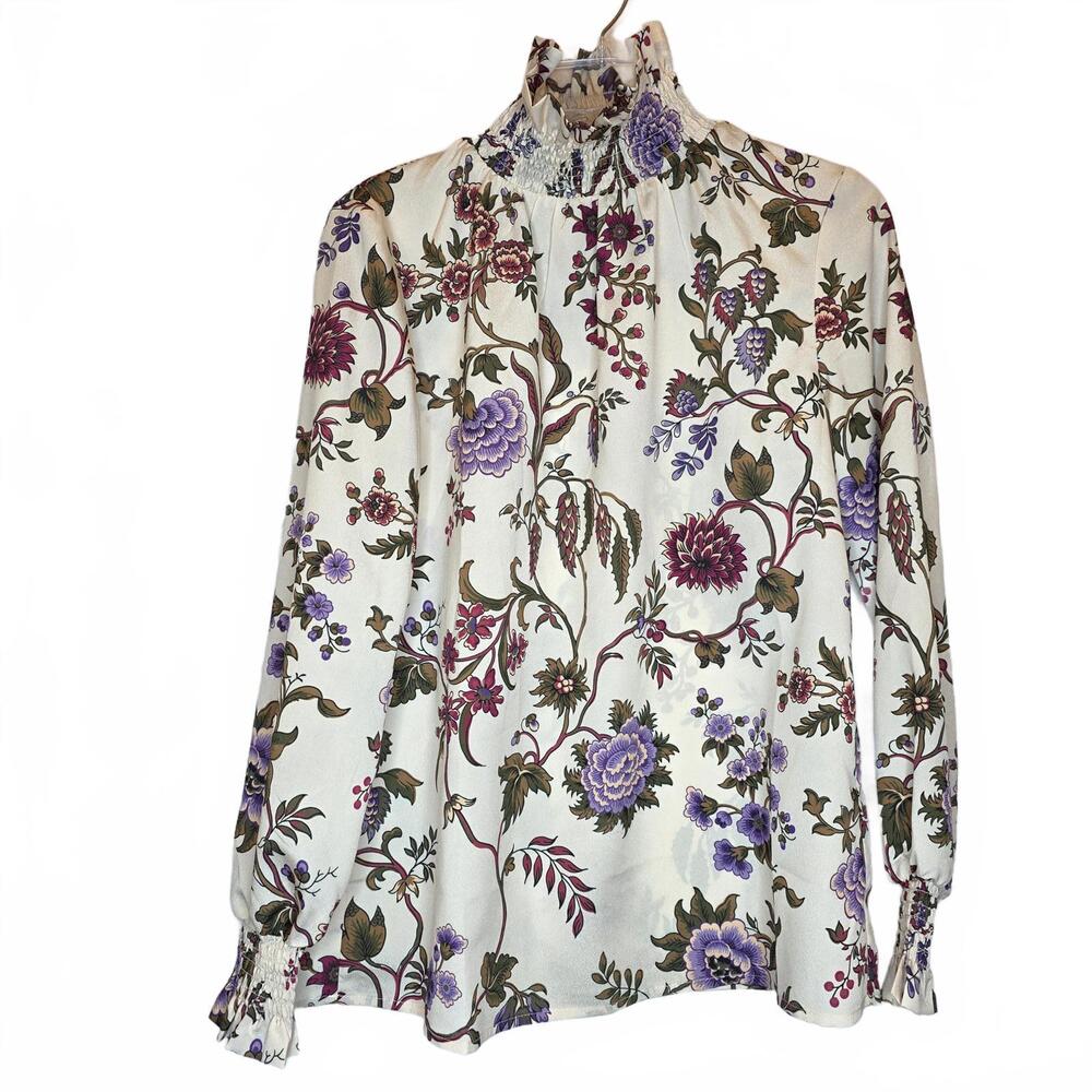 Tuckernuck Chantilly Vine Sadie Blouse Women's SZ XS Cream Floral turtleneck
